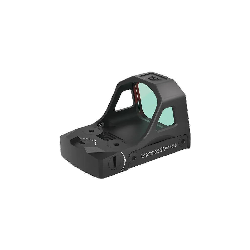 Black reflex sight with green reticle on a white background