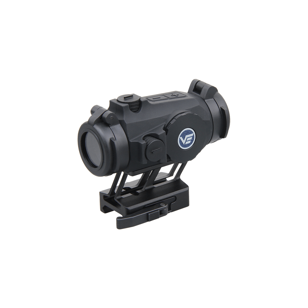 Black tactical sight with a logo on a white background