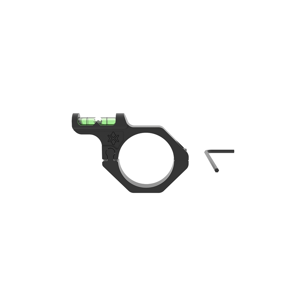 Black adjustable sight with green reticle and hex key on a white background