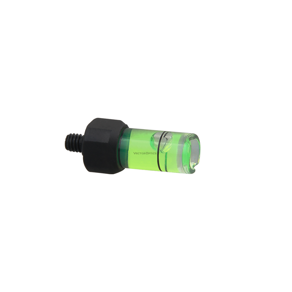 Small green spirit level with black base on a white background