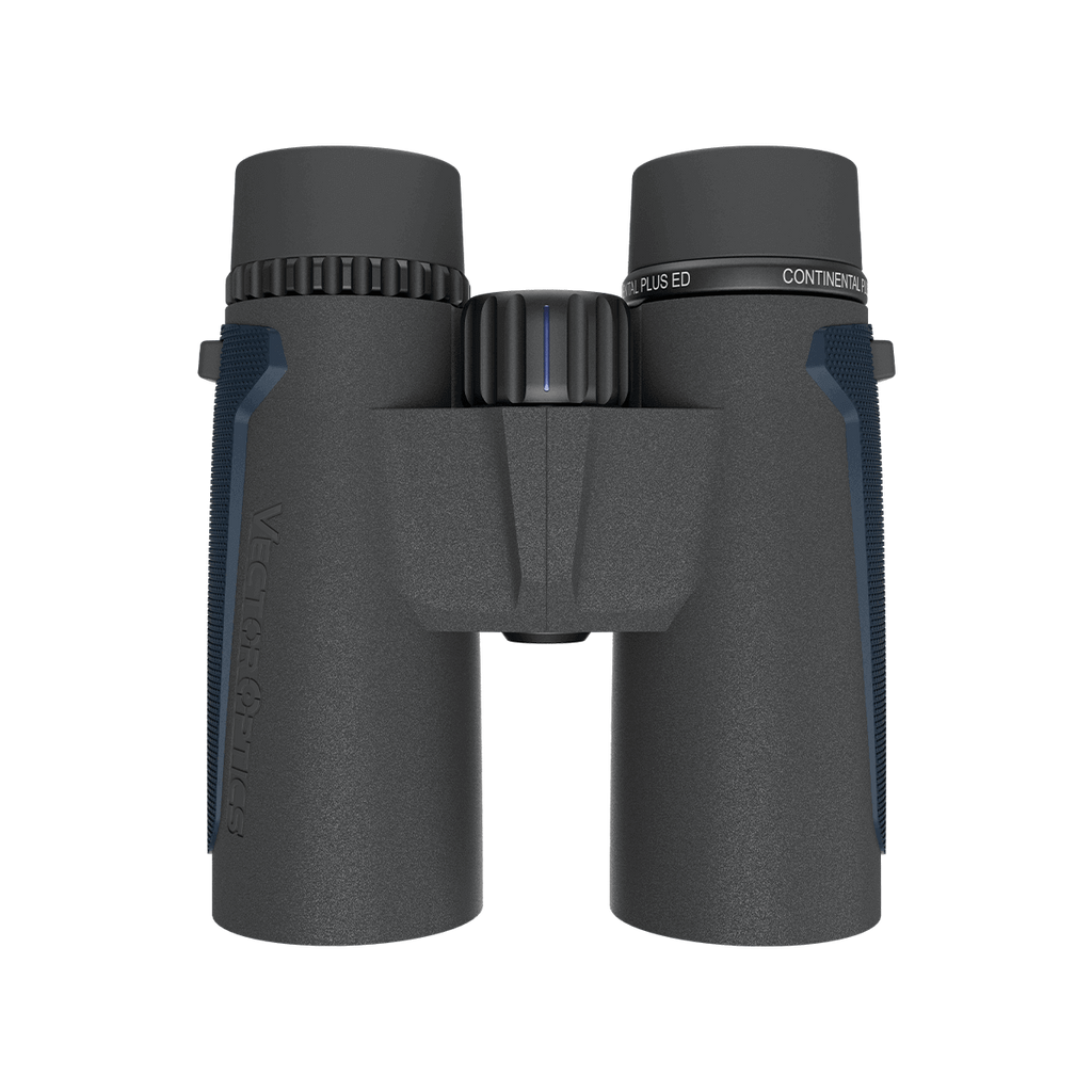 Black binoculars with blue accents on a white background