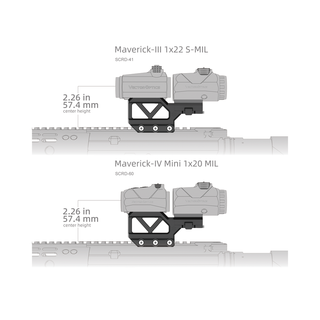 Diagram of two rifle scopes with dimensions labeled on a white background