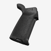 Black gun grip with textured surface on a white background