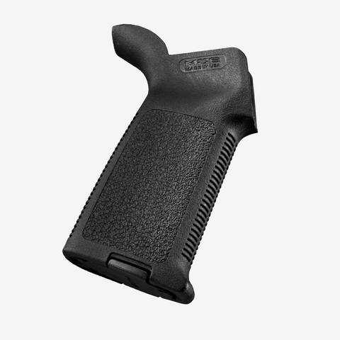 Black gun grip with textured surface on a white background