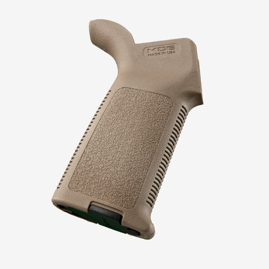 Tan gun grip with text on a white background